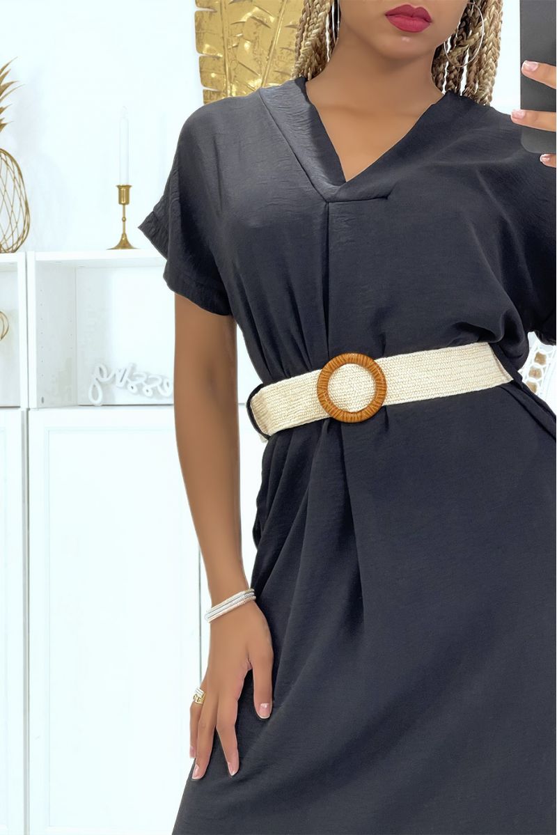 Black short sleeve dress with buckle belt - 4