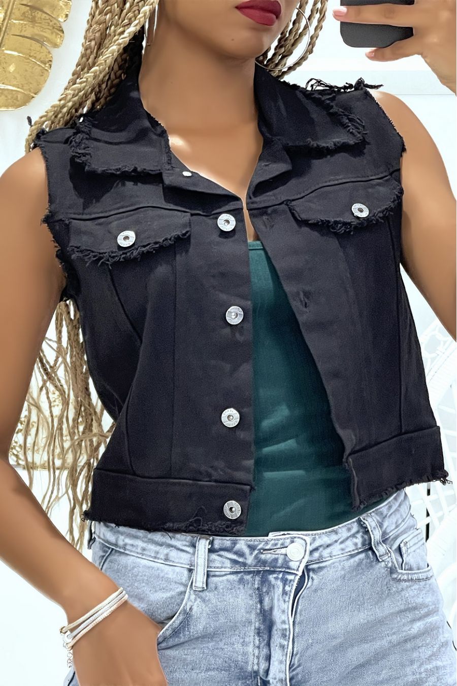 Short sleeveless denim outlet jacket