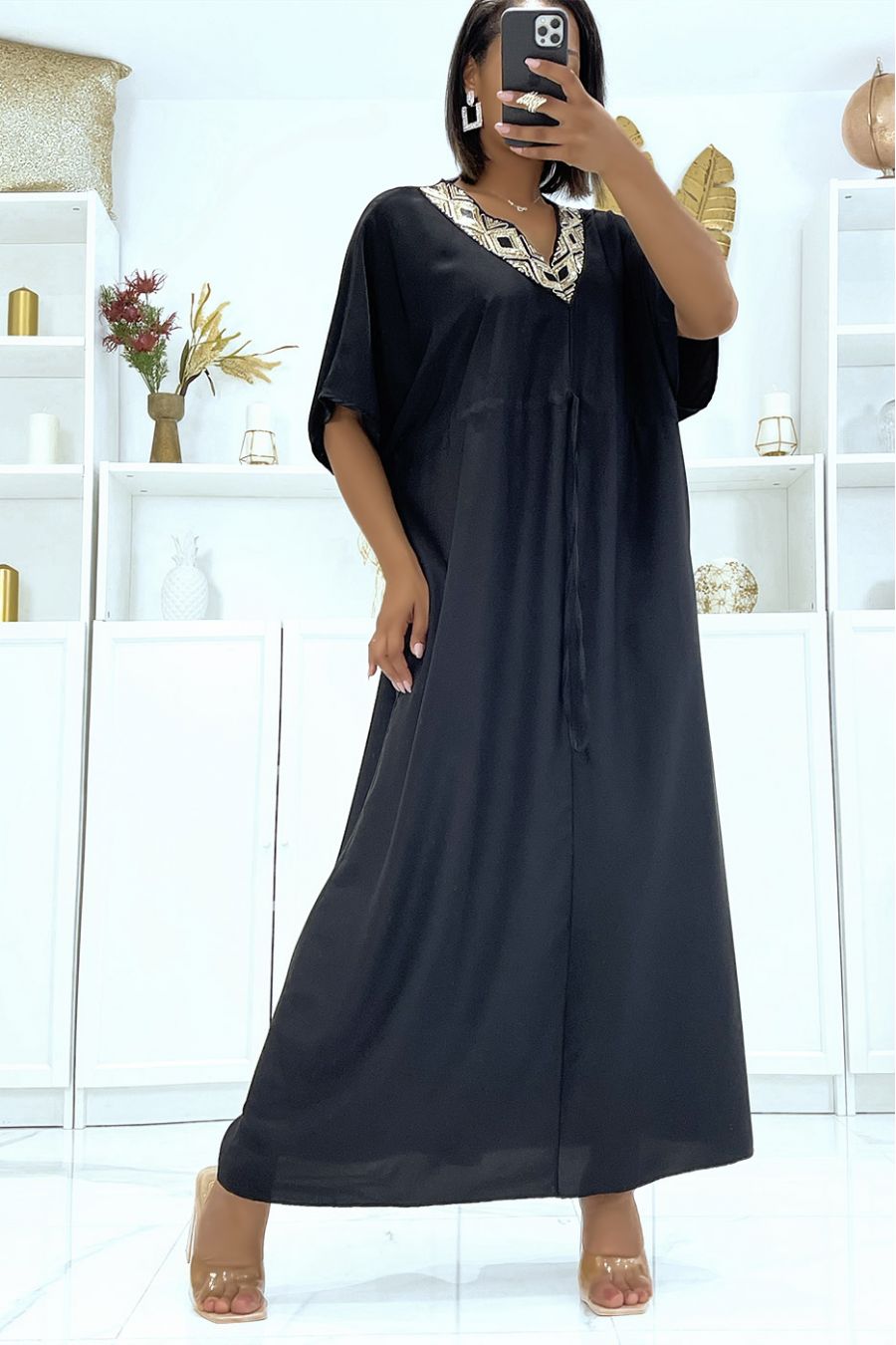 Black satin dress with adjustable drawstring and v-neck with sequins - 1