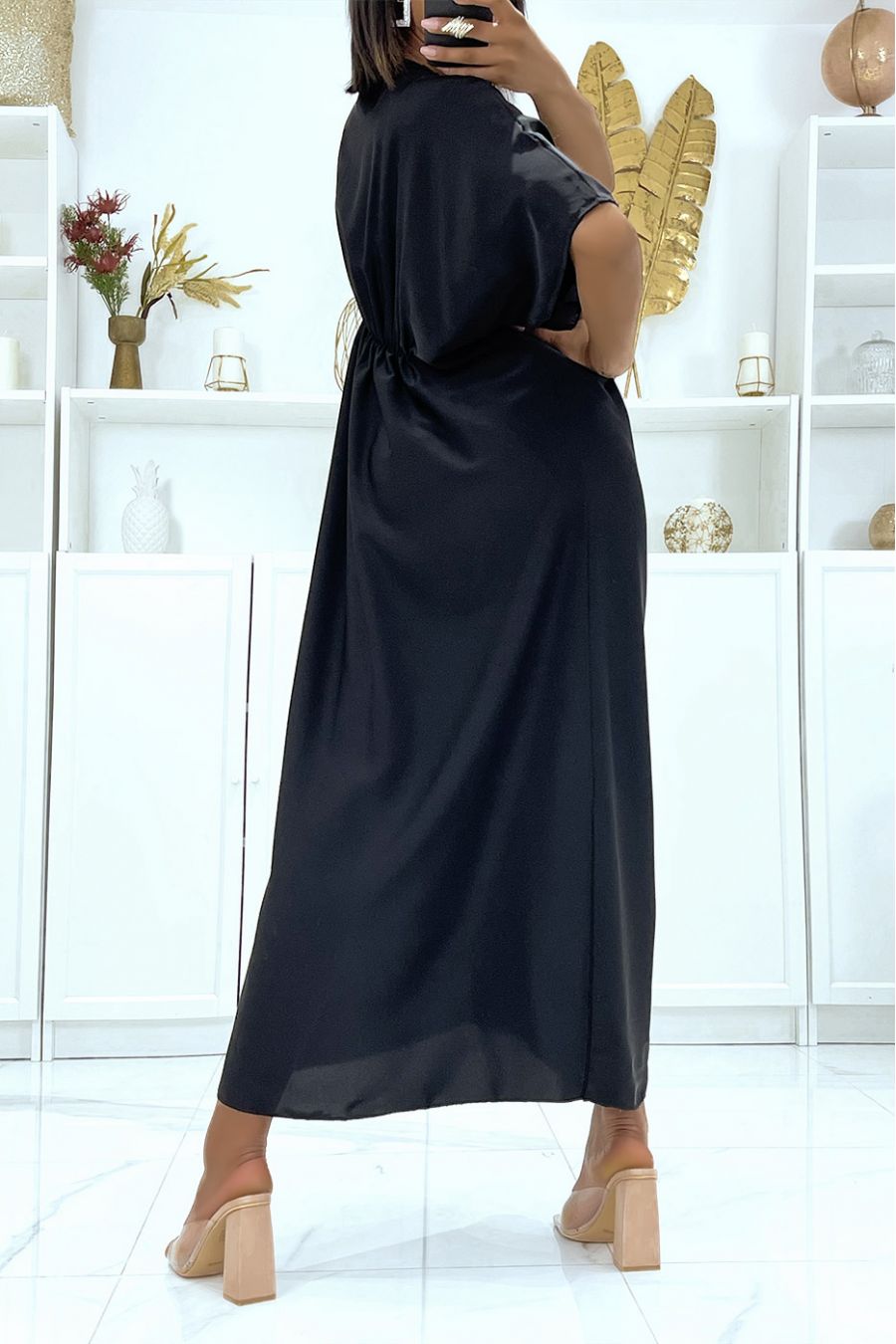 Black satin dress with adjustable drawstring and v-neck with sequins - 2