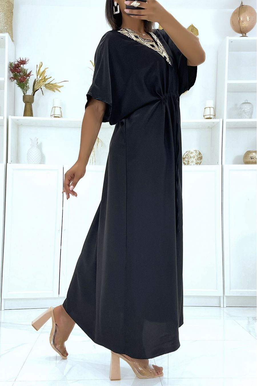 Black satin dress with adjustable drawstring and v-neck with sequins - 3