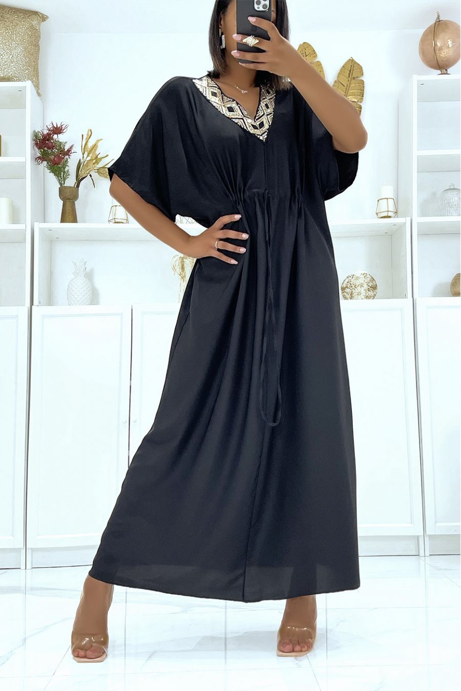 Black satin dress with adjustable drawstring and v-neck with sequins - 4