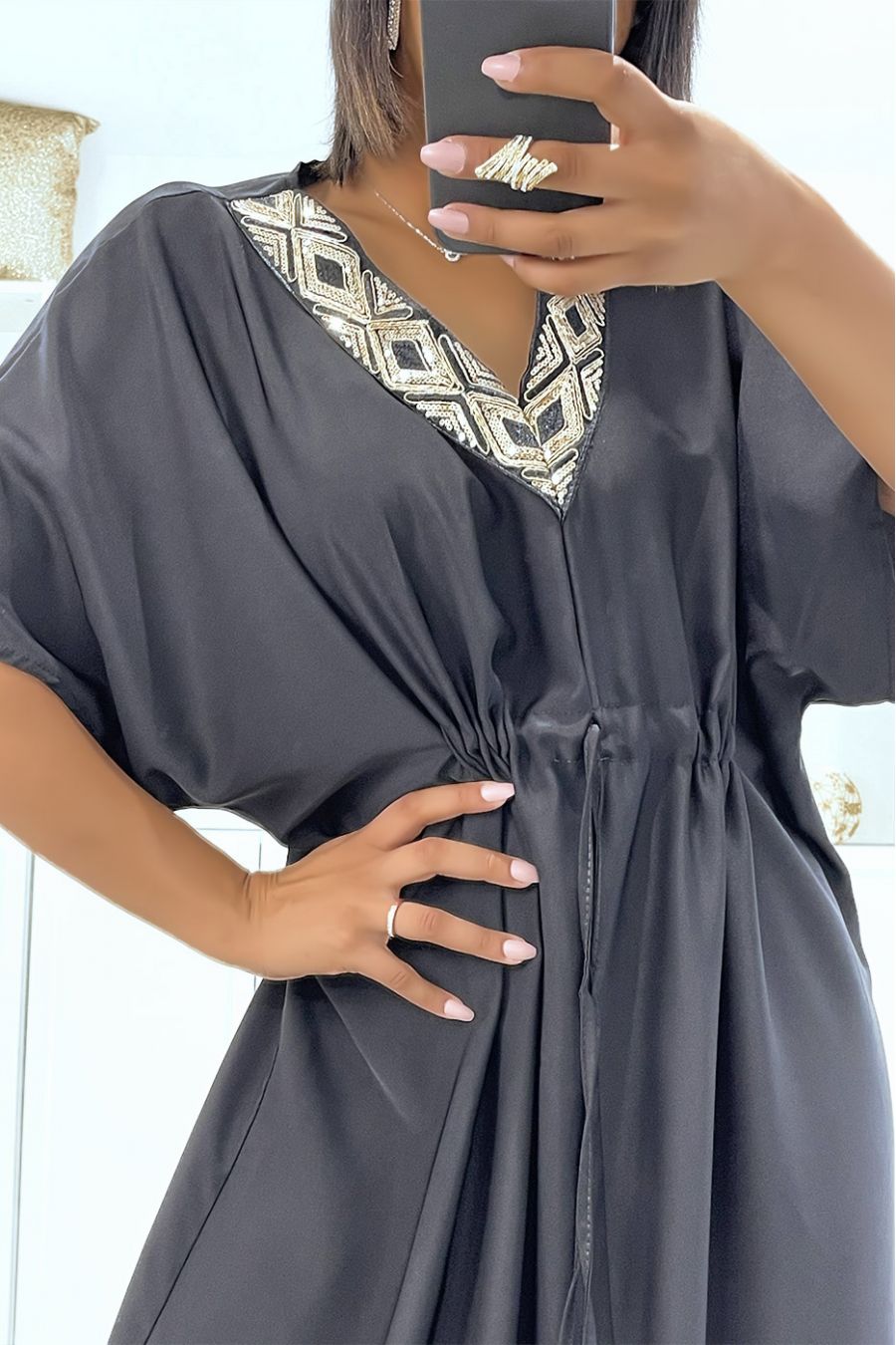 Black satin dress with adjustable drawstring and v-neck with sequins - 5
