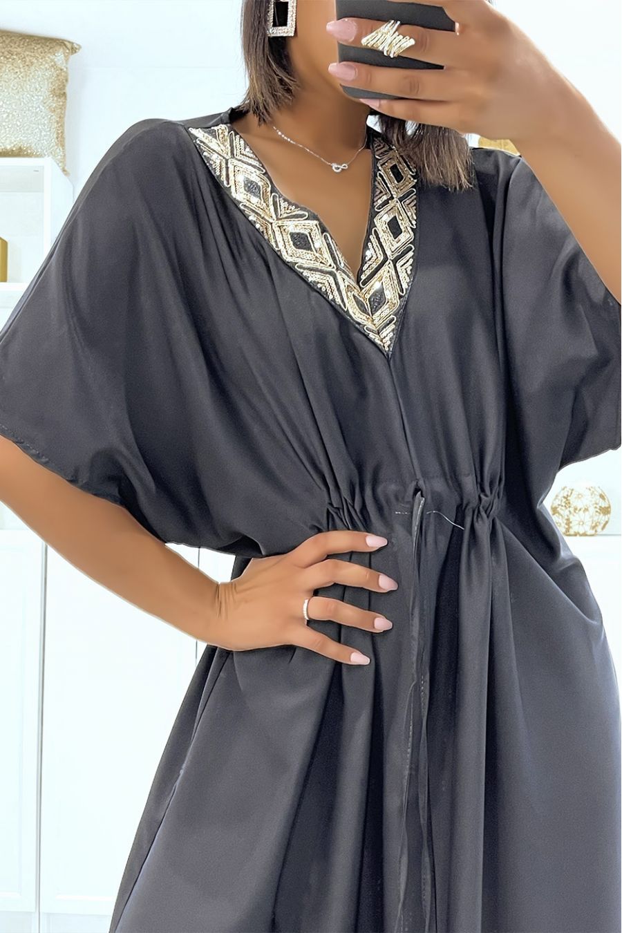 Black satin dress with adjustable drawstring and v-neck with sequins - 6