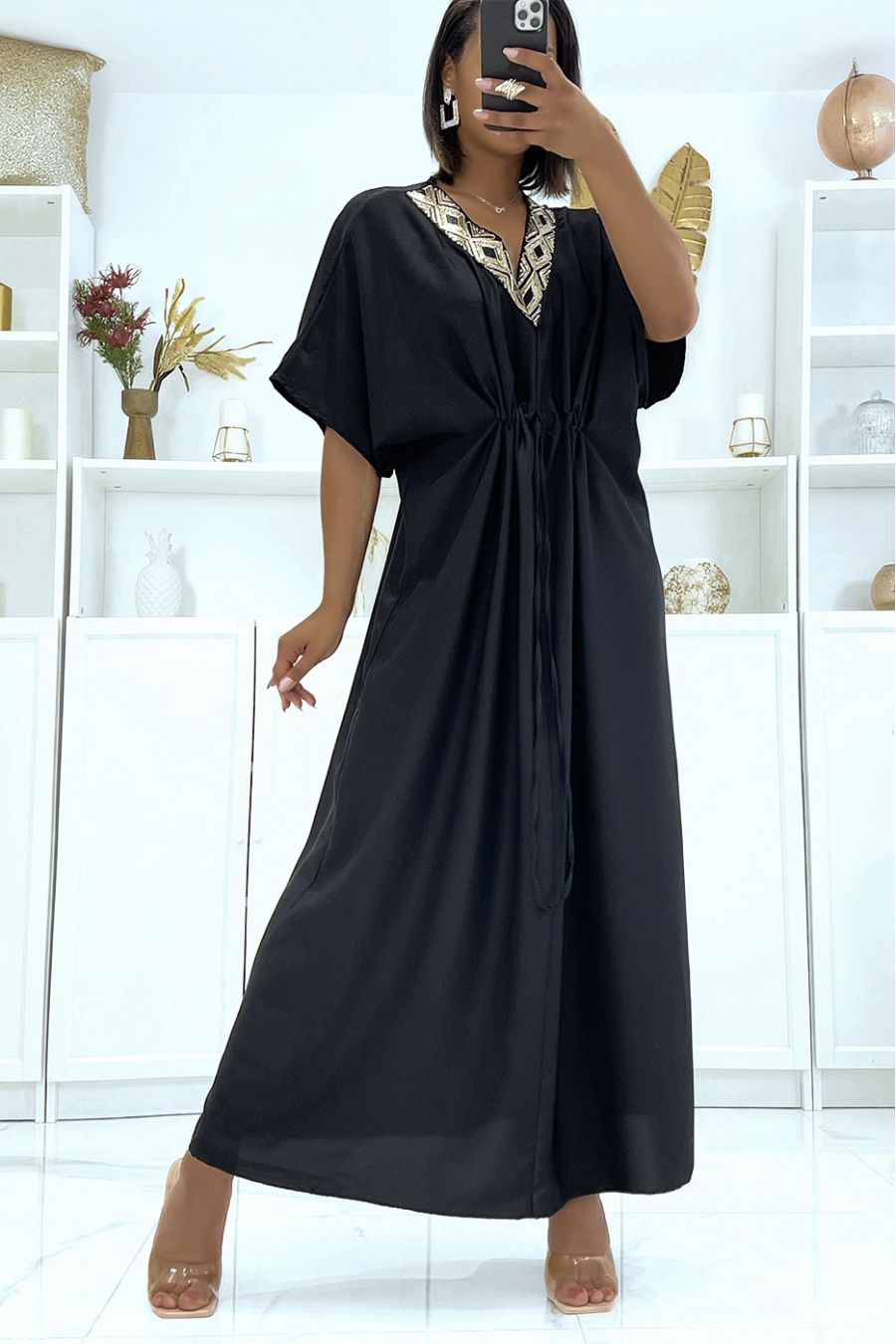 Black satin dress with adjustable drawstring and v-neck with sequins - 7