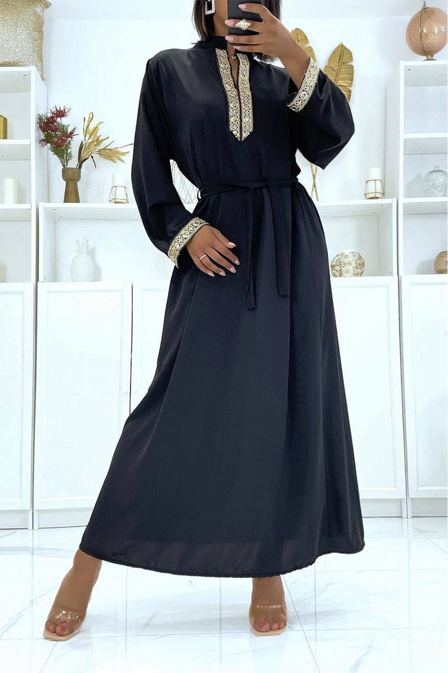 Black satin dress with gold embroidery and mandarin collar - 1