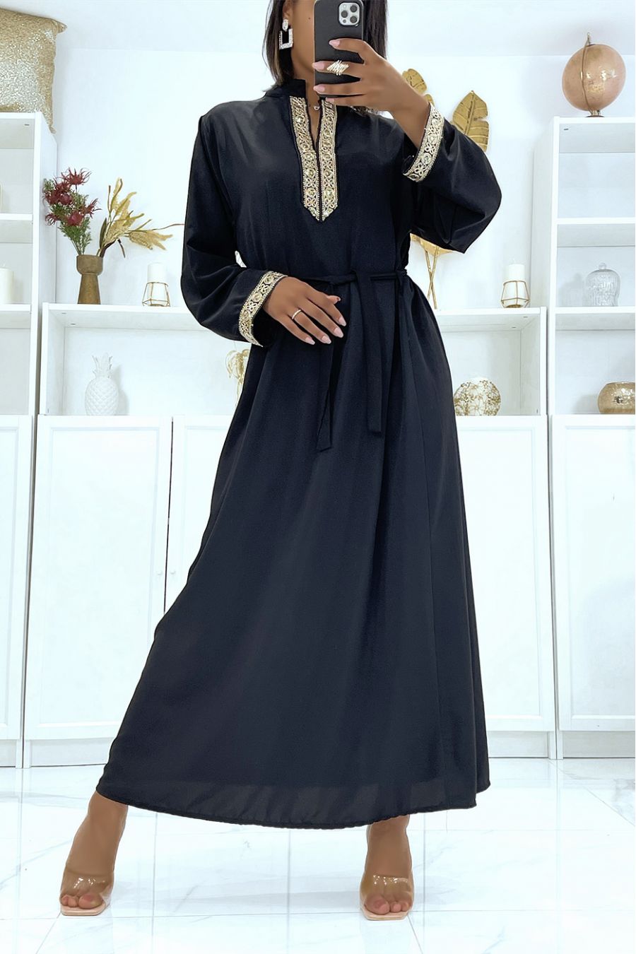 Black satin dress with gold embroidery and mandarin collar - 2
