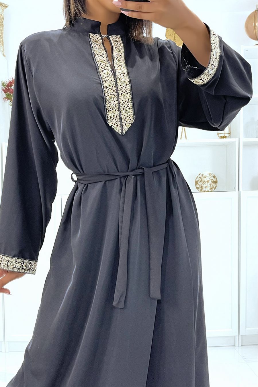 Black satin dress with gold embroidery and mandarin collar - 4