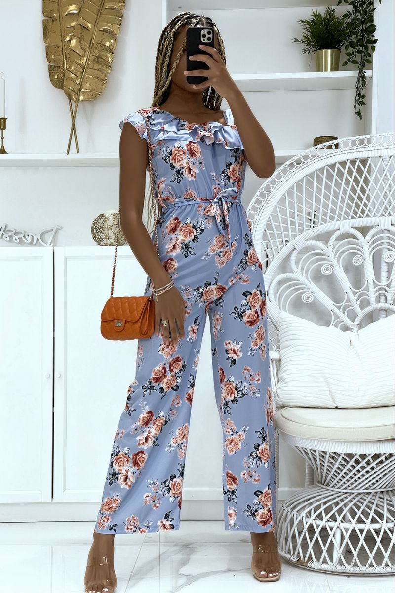Floral jumpsuit in turquoise crossed on the shoulder with ruffle - 1