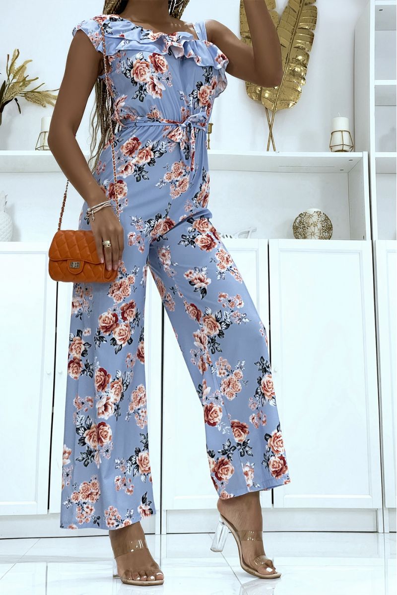 Floral jumpsuit in turquoise crossed on the shoulder with ruffle - 3