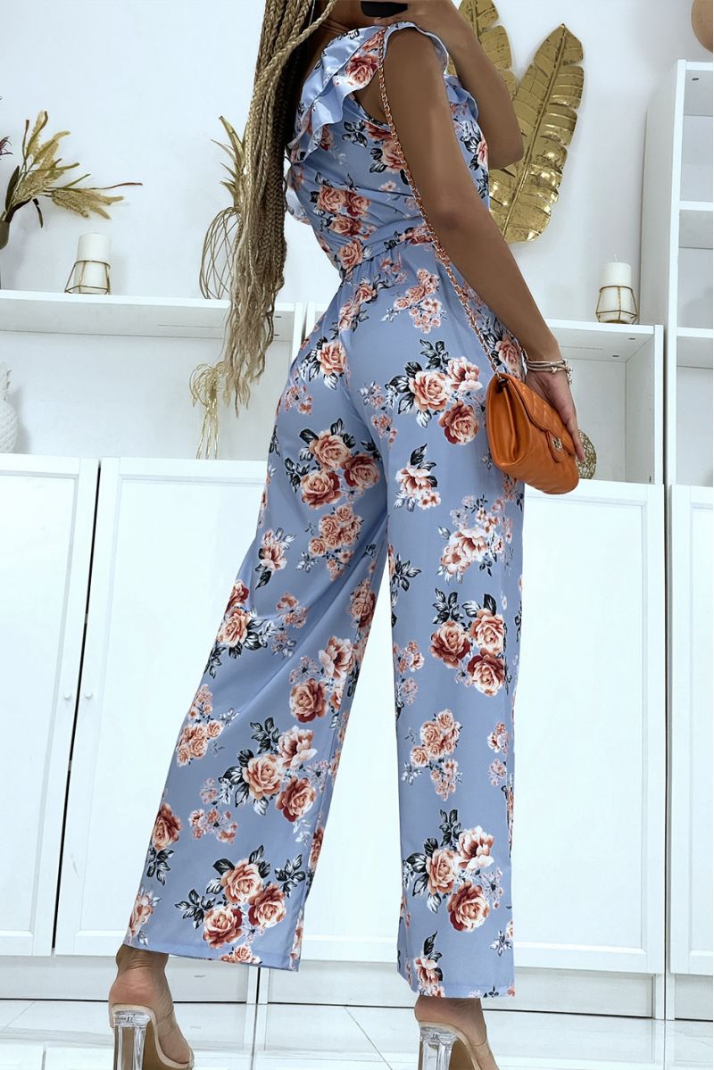 Floral jumpsuit in turquoise crossed on the shoulder with ruffle - 4