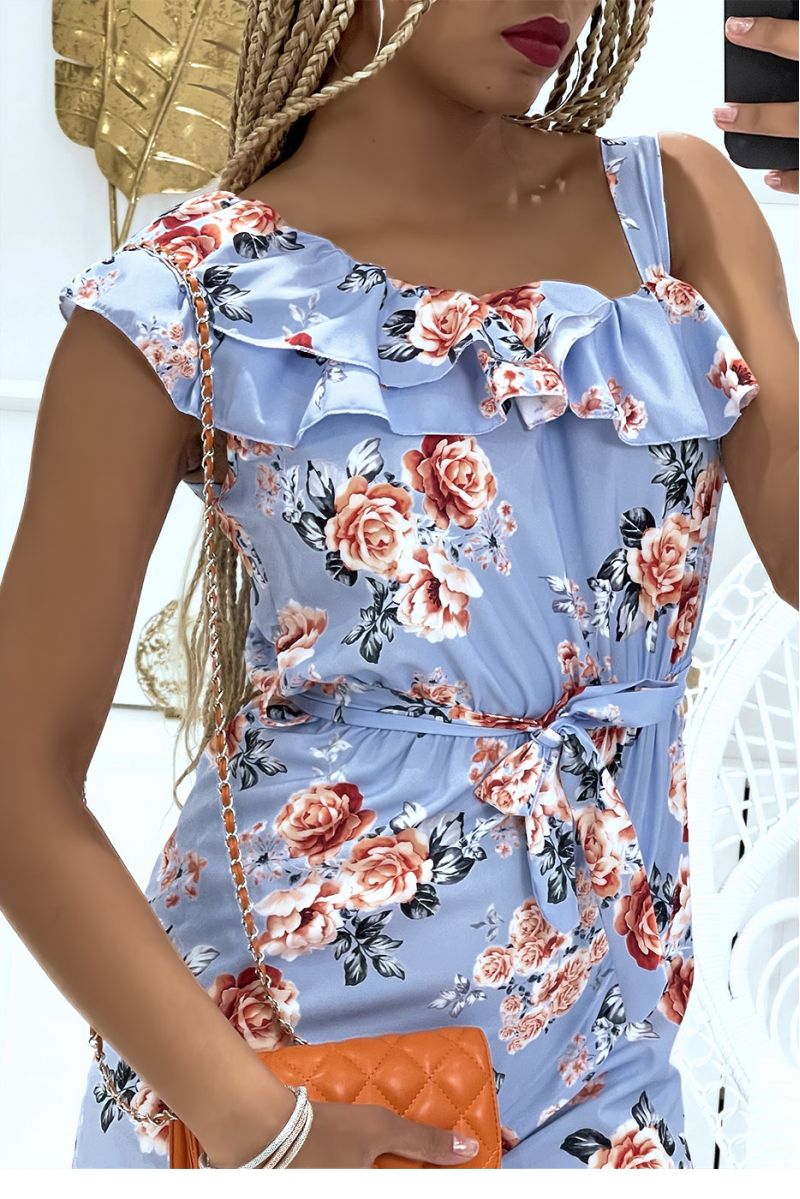 Floral jumpsuit in turquoise crossed on the shoulder with ruffle - 5