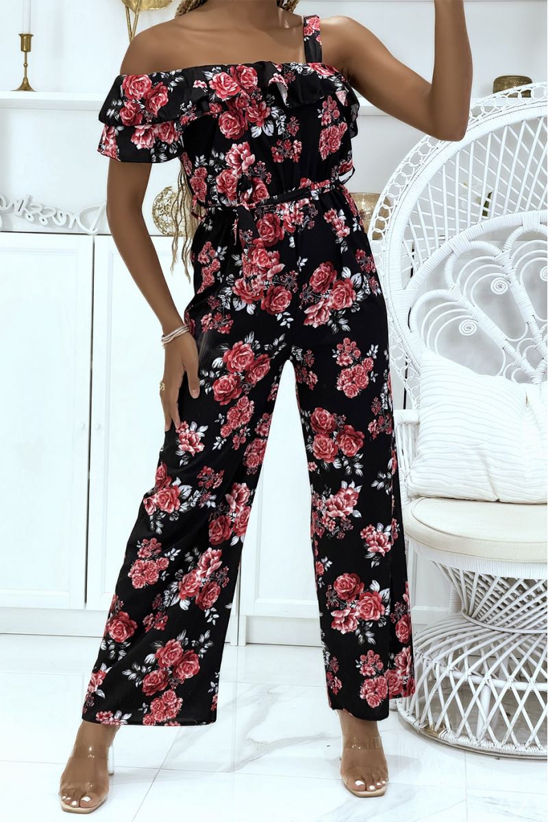 Floral jumpsuit in black crossed on the shoulder with ruffle - 1