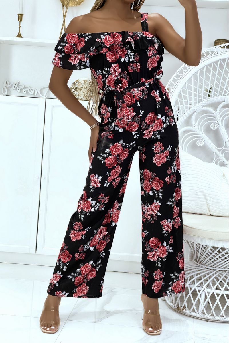 Floral jumpsuit in black crossed on the shoulder with ruffle - 2