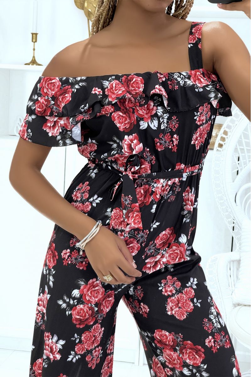 Floral jumpsuit in black crossed on the shoulder with ruffle - 3
