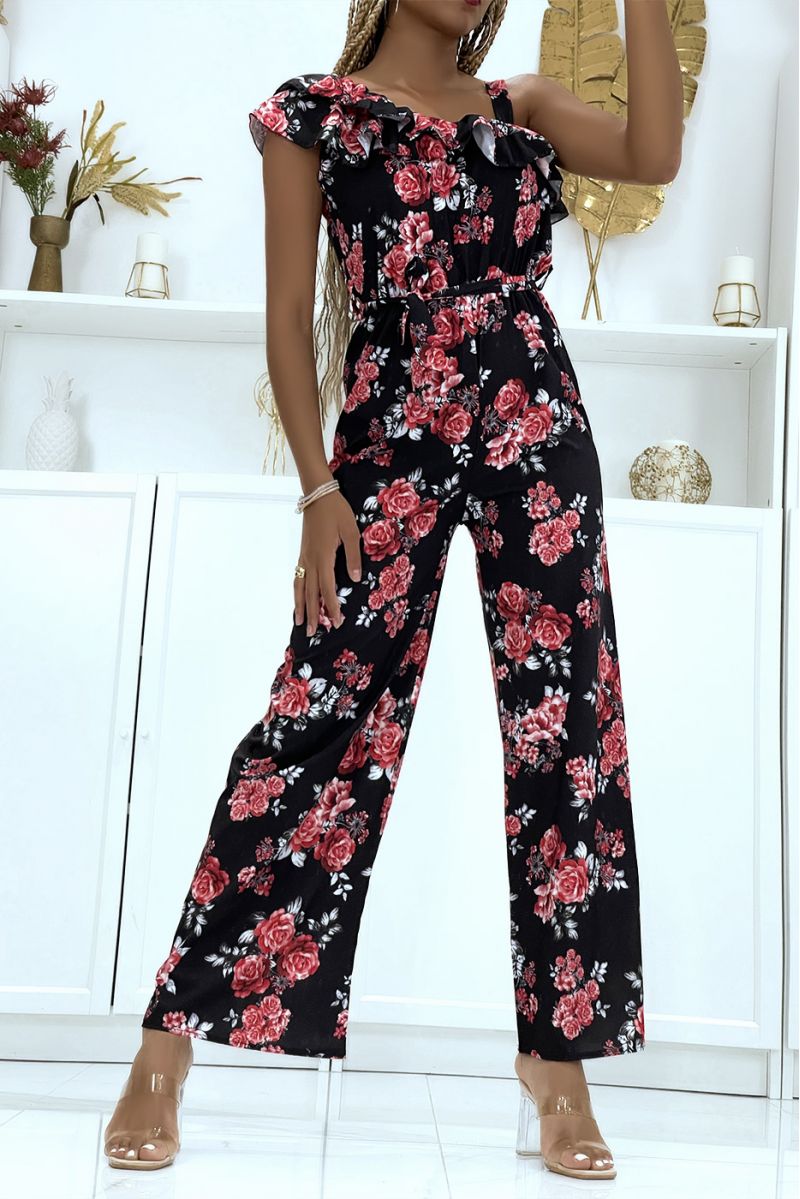 Floral jumpsuit in black crossed on the shoulder with ruffle - 5