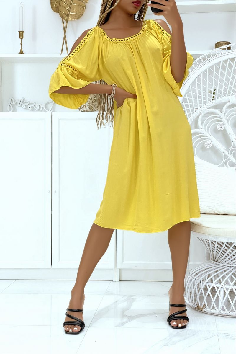 Oversized yellow tunic dress with ruffled sleeves and bare shoulders - 1