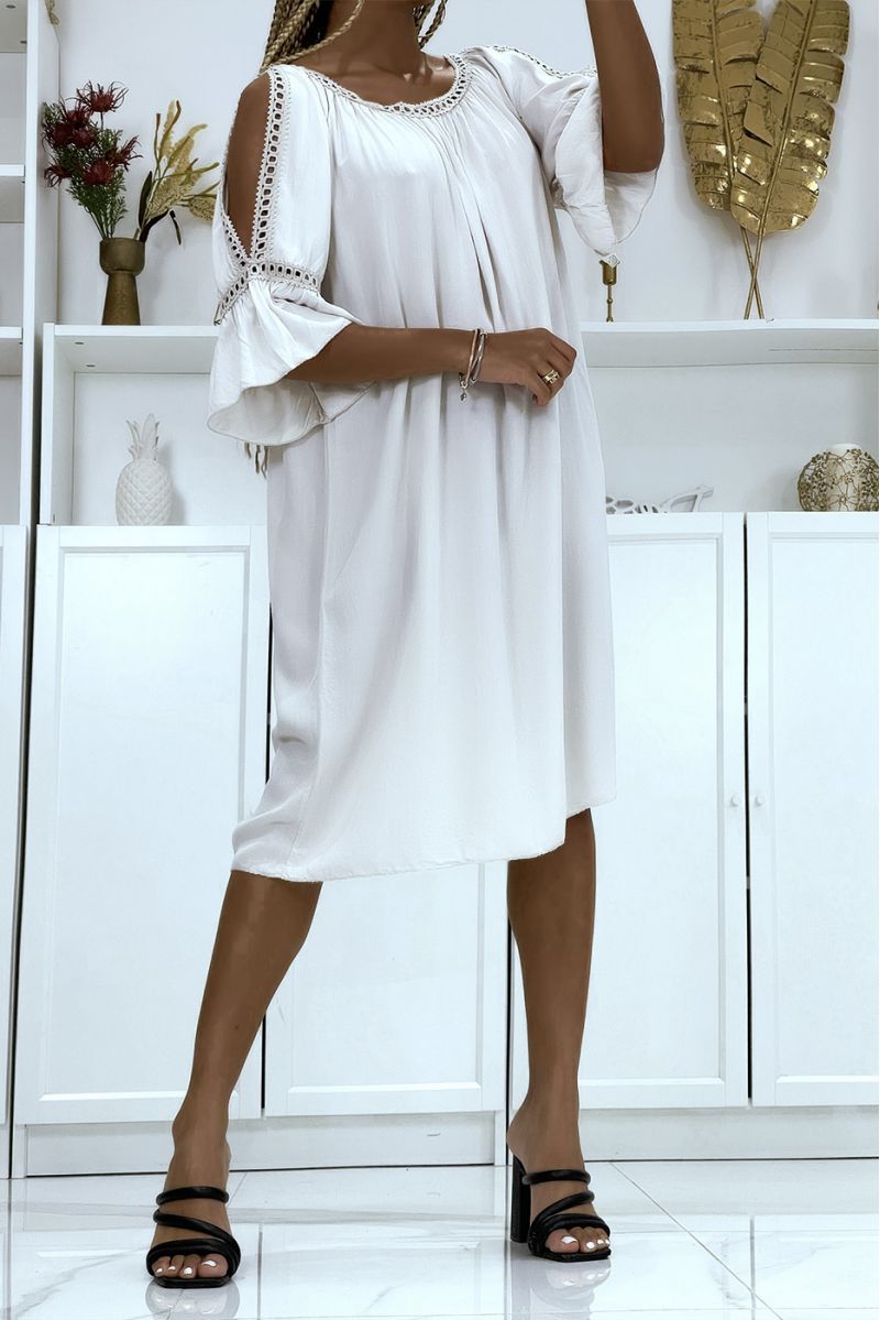 Oversized beige tunic dress with flounced sleeves and bare shoulders - 1