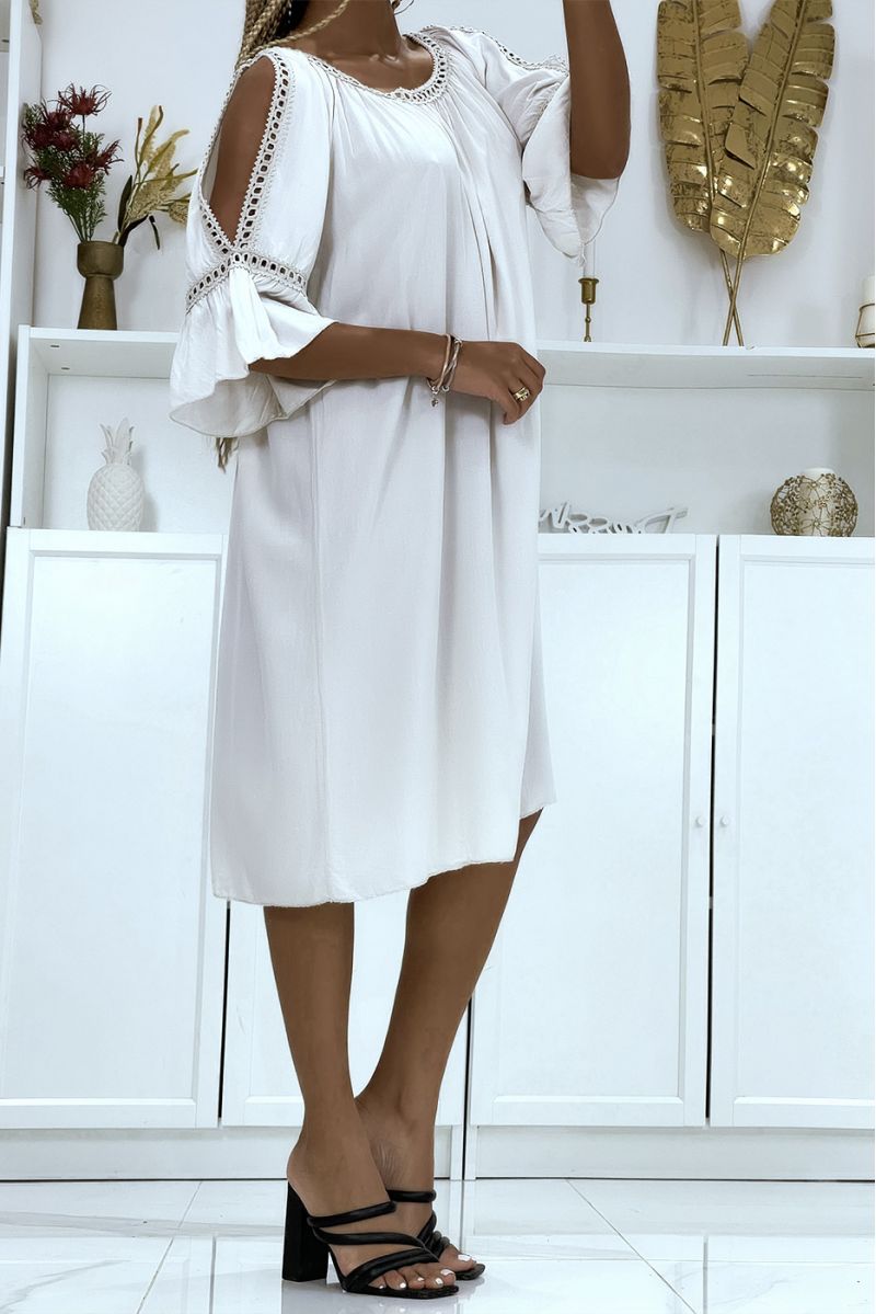 Oversized beige tunic dress with flounced sleeves and bare shoulders - 2