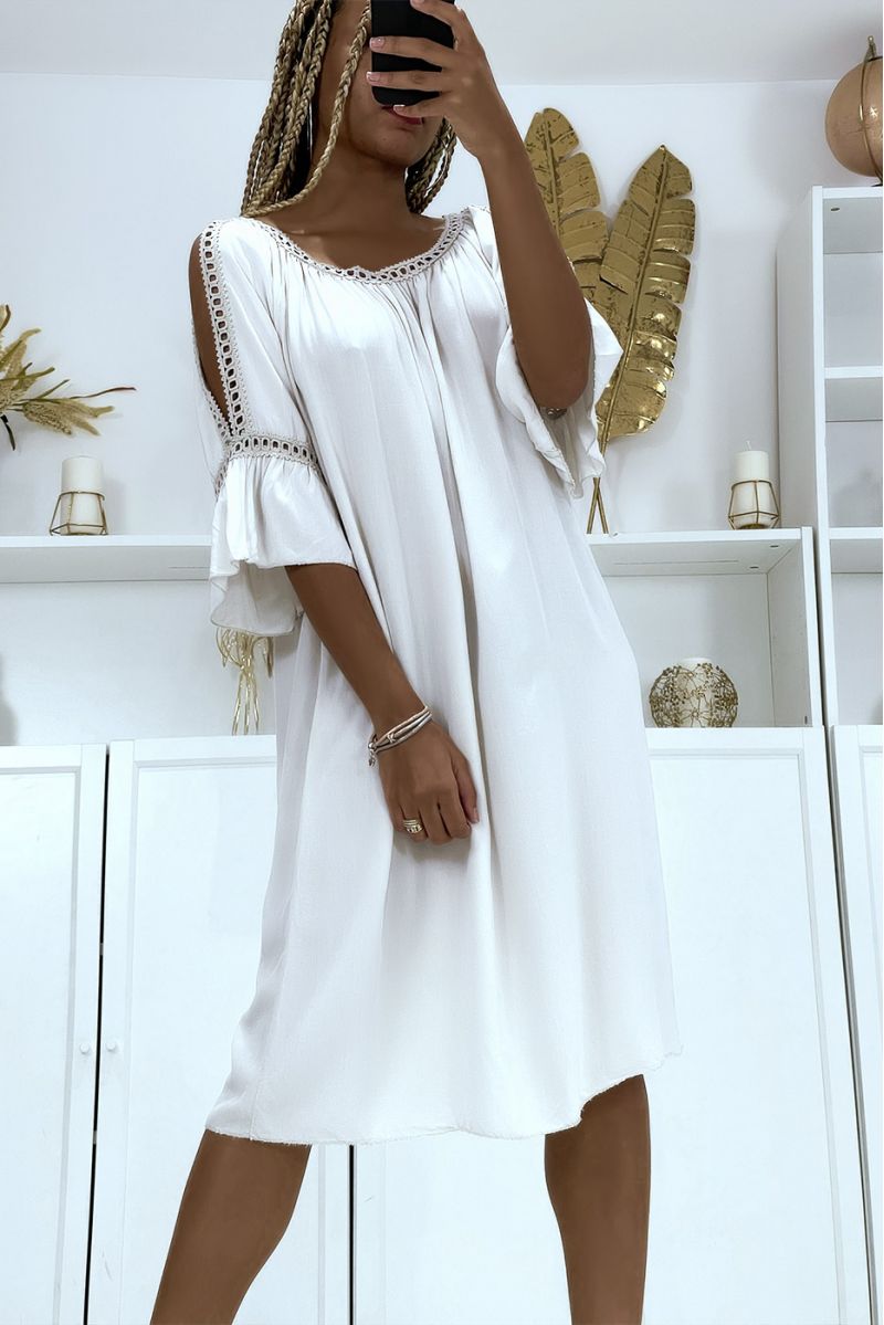 Oversized beige tunic dress with flounced sleeves and bare shoulders - 4