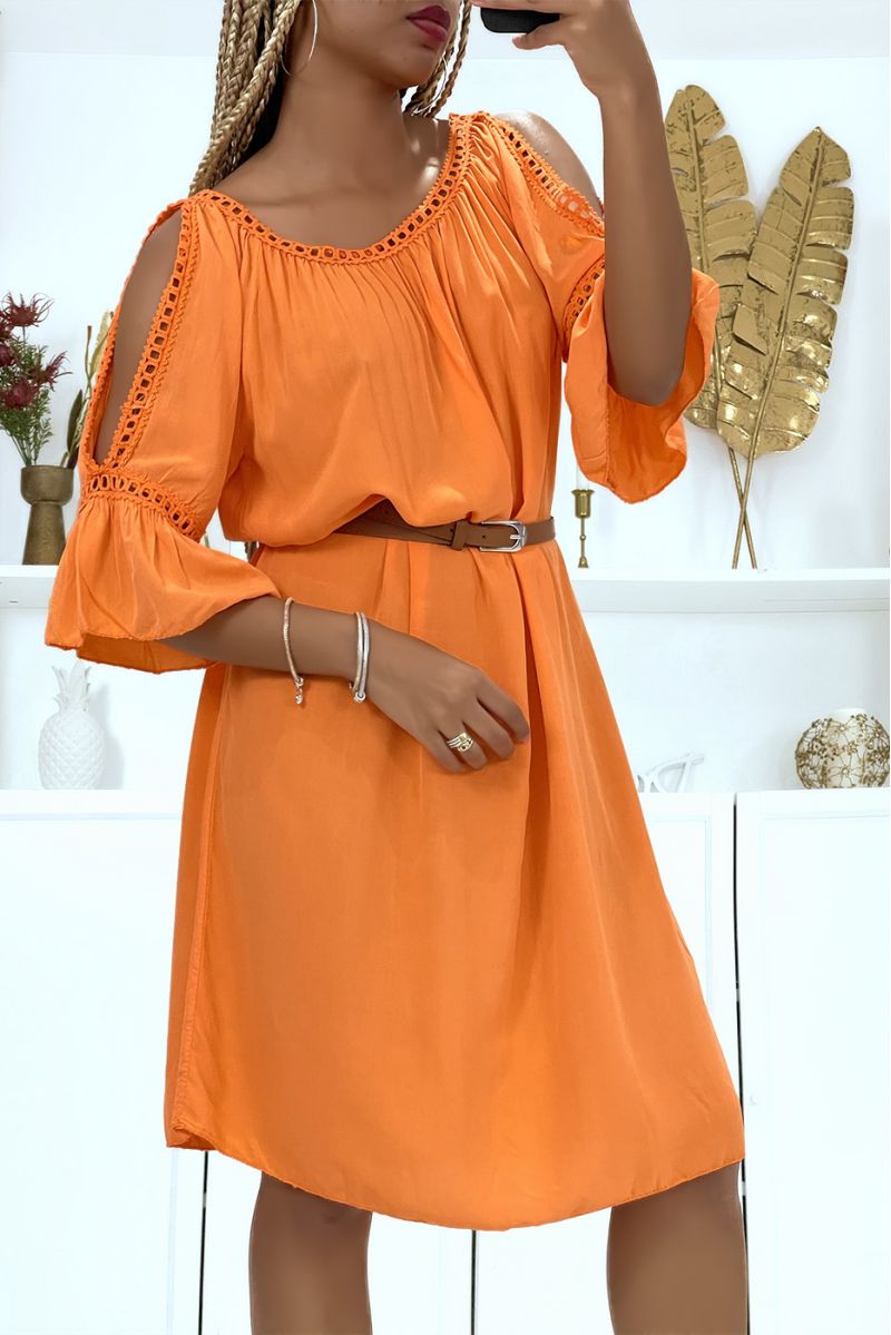 Oversized orange tunic dress with flounced sleeves and bare shoulders - 3