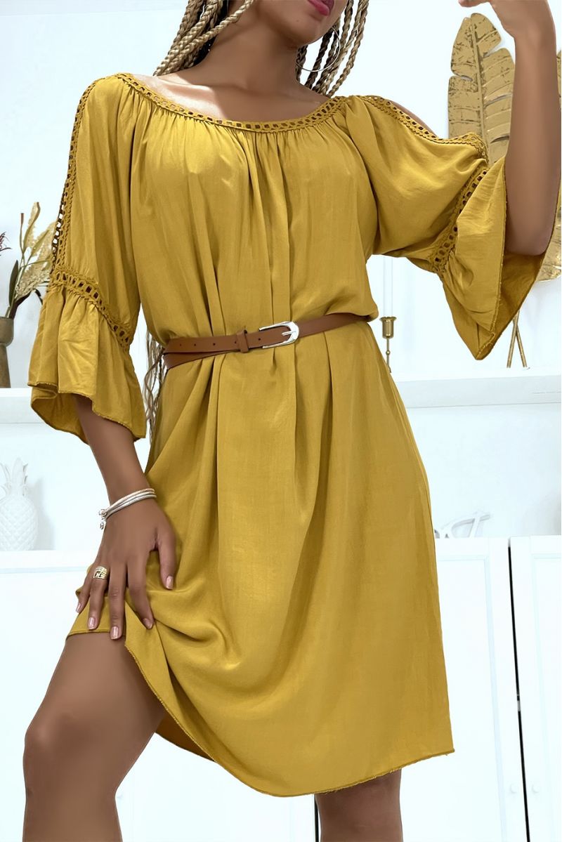 Oversized mustard tunic dress with flounced sleeves and bare shoulders - 2