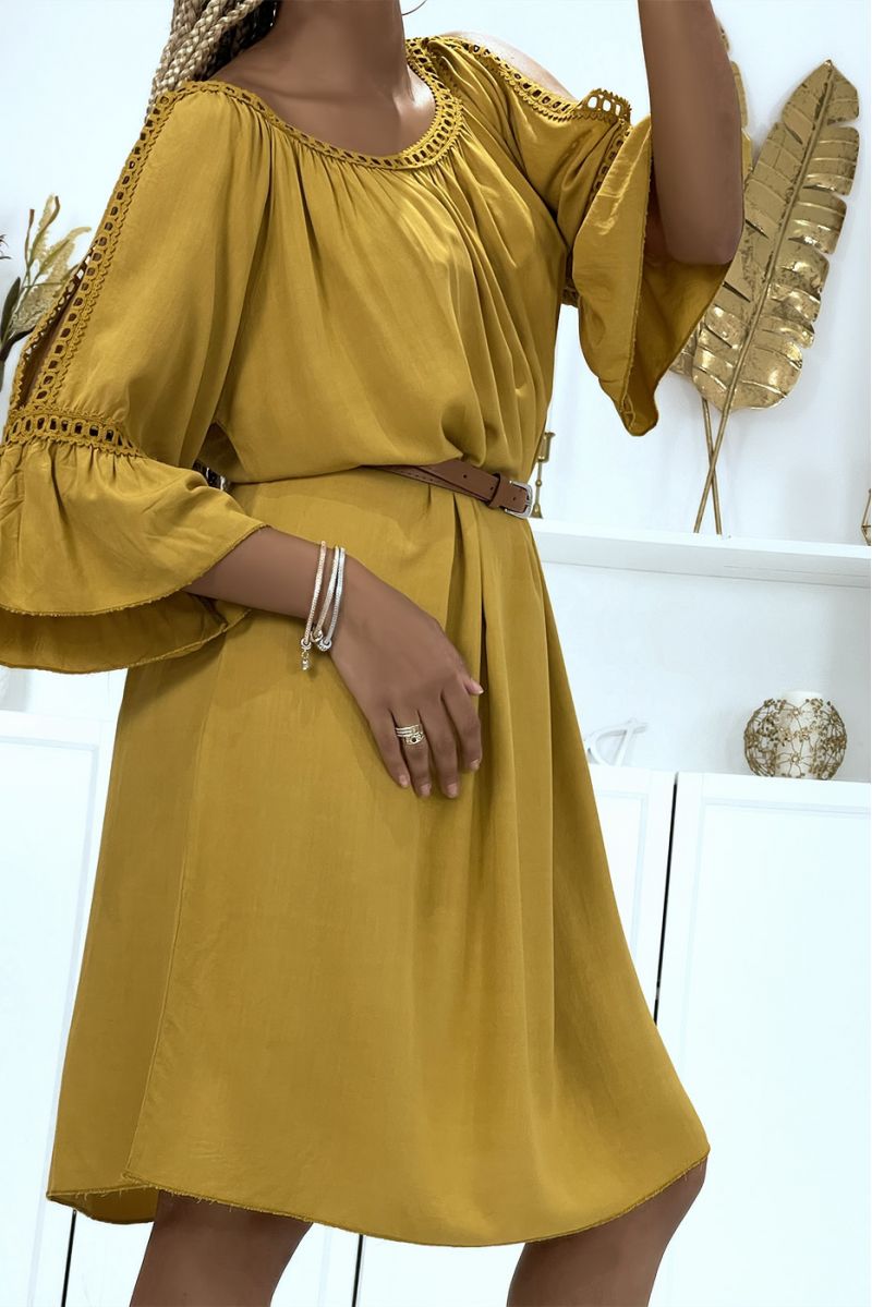 Oversized mustard tunic dress with flounced sleeves and bare shoulders - 3