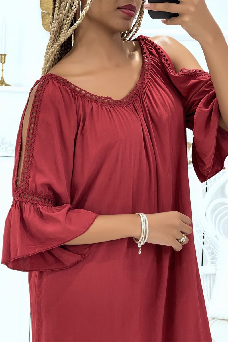 Oversized burgundy tunic dress with flounced sleeves and bare shoulders - 4