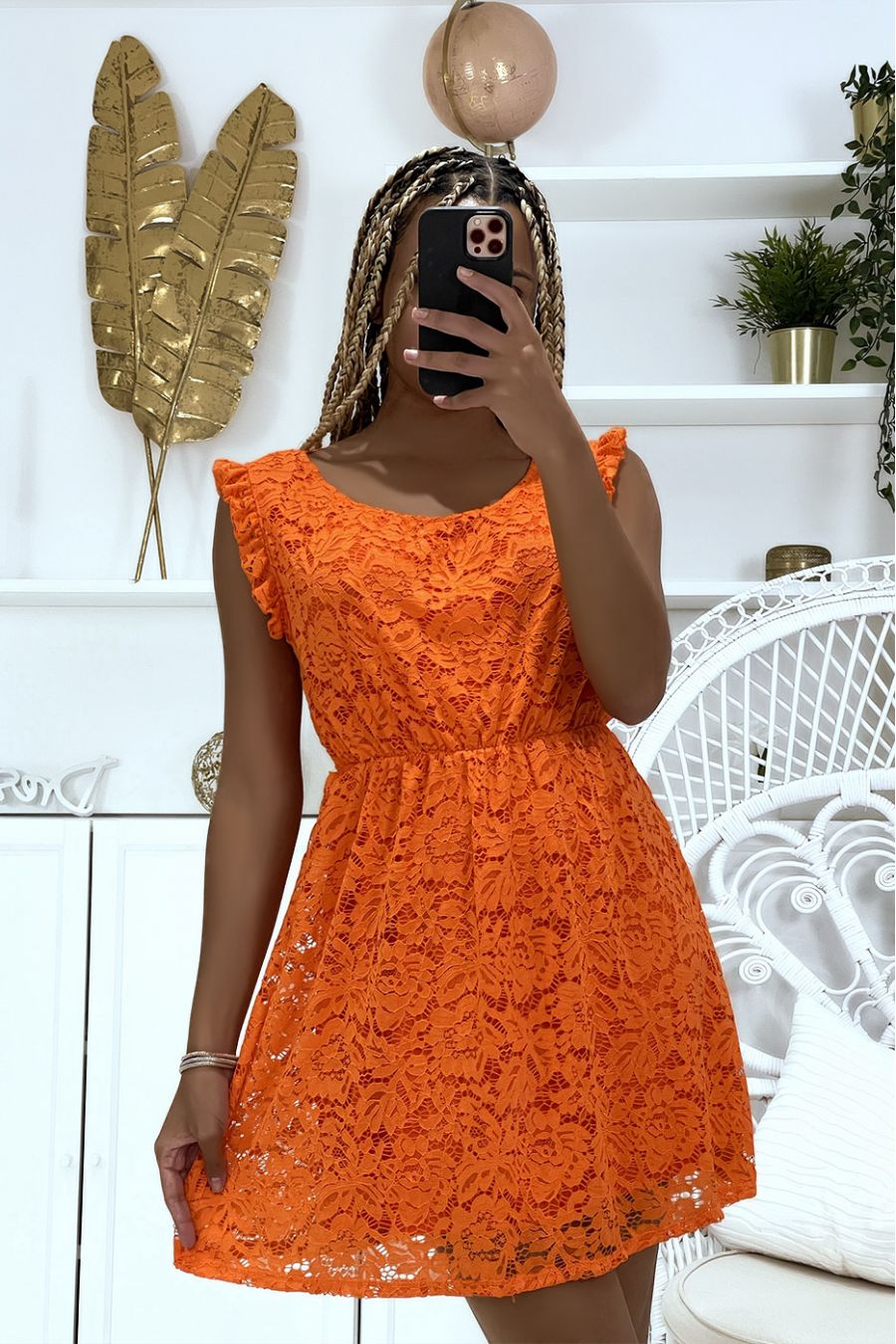 Pretty little skater dress in orange lace with frills on the shoulders - 2