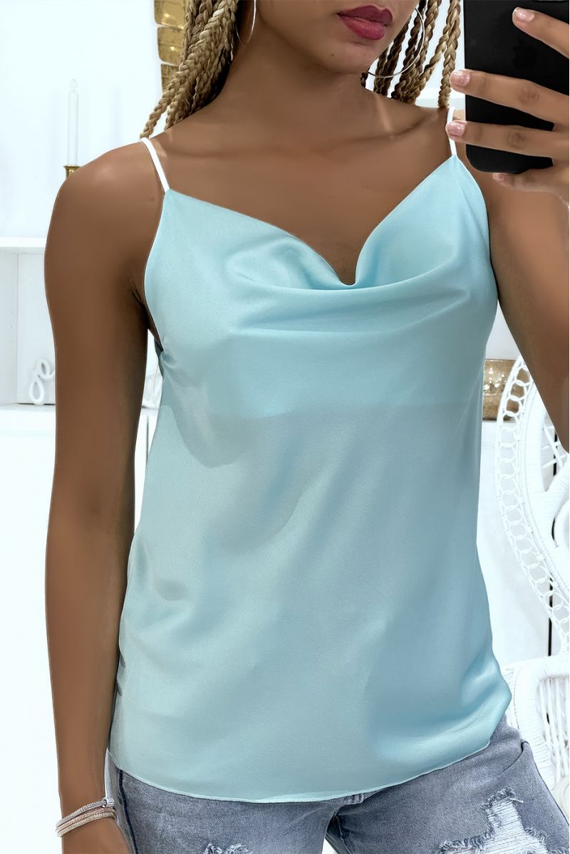 Pretty water green satin tank top falling at the front - 1
