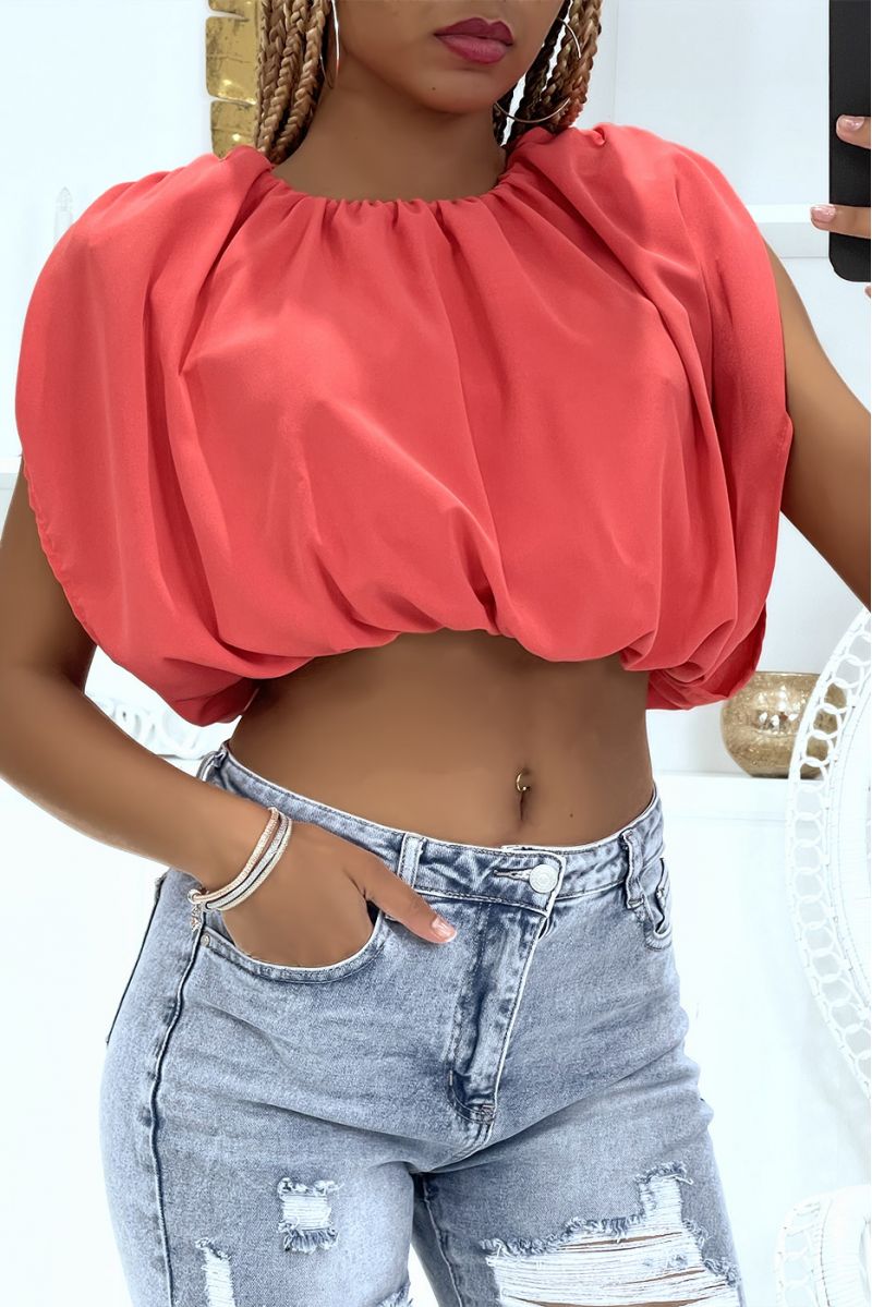 Koraal gevoerde crop top van voile met schoudervullingen - 2