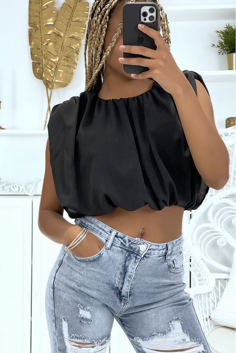 Zwart gevoerde crop top van voile met schoudervullingen - 2