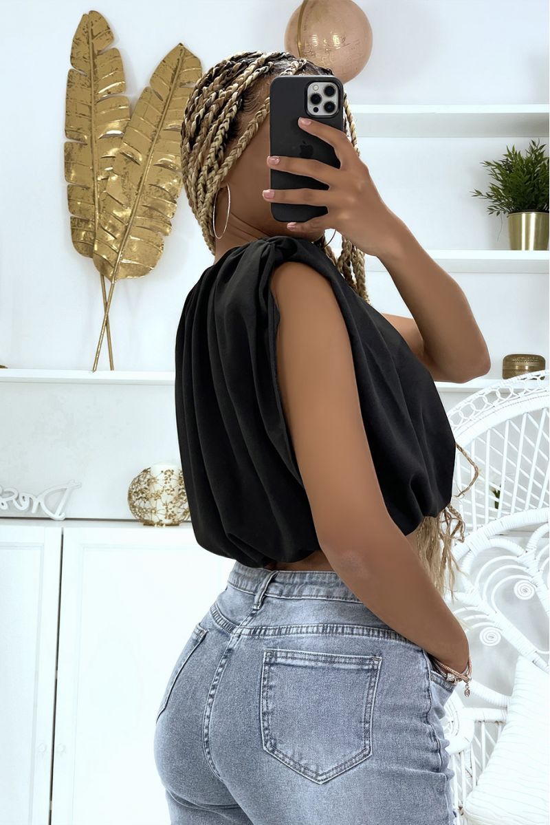Black lined voile crop top with shoulder pads - 3