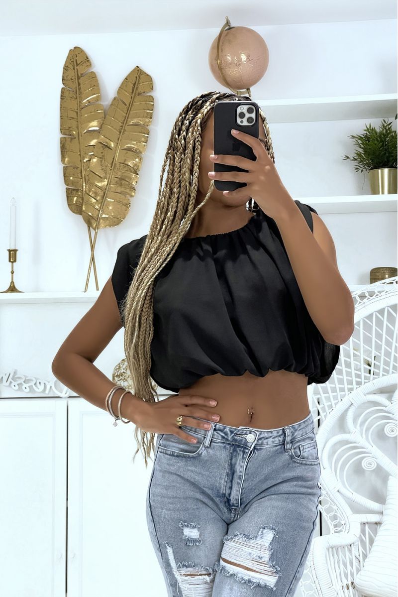 Zwart gevoerde crop top van voile met schoudervullingen - 4