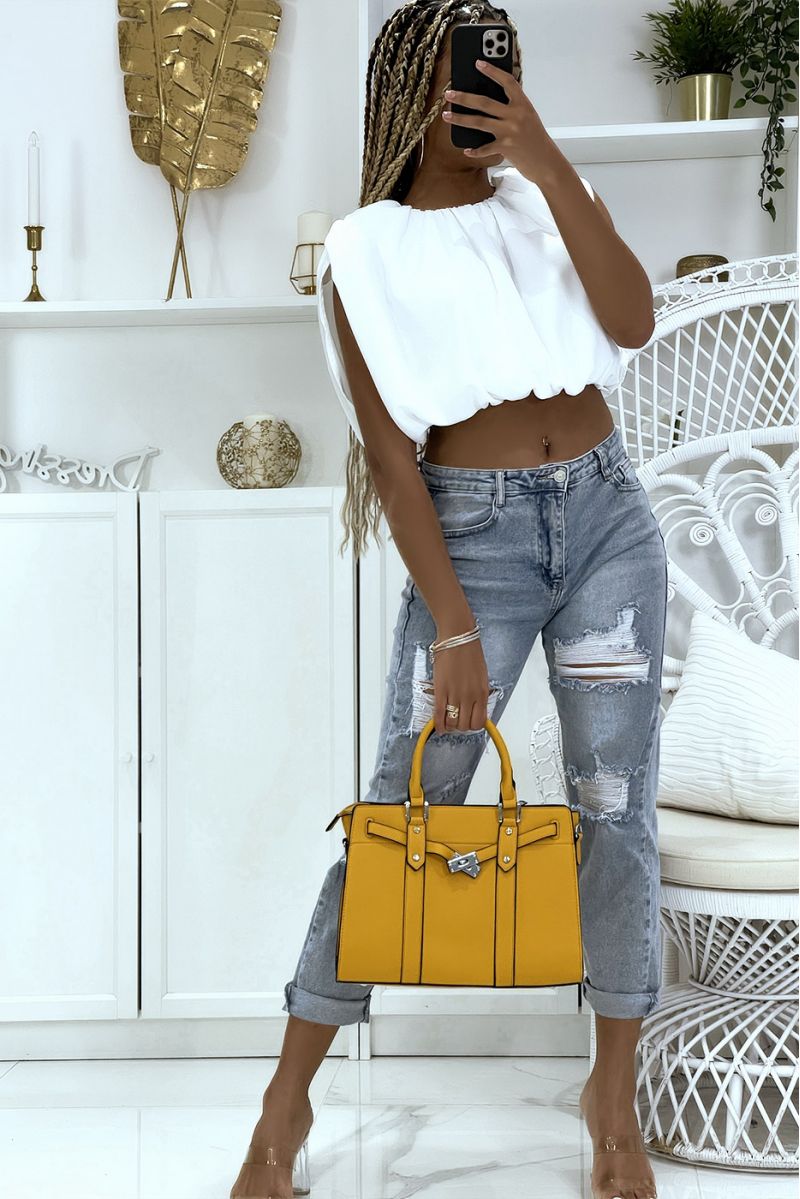 Crop top blanc en voile doublé avec épaulettes - 1