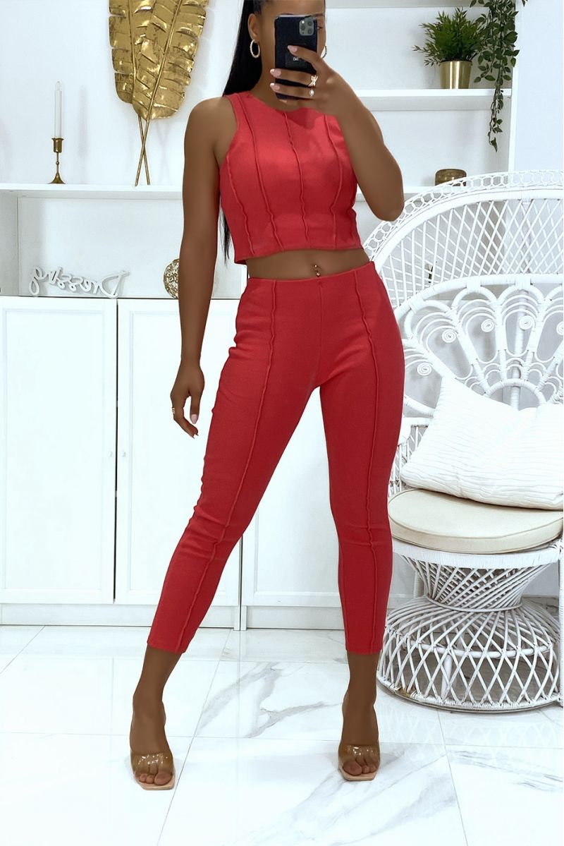 Coral top and pants set with pleats in ribbed material - 1