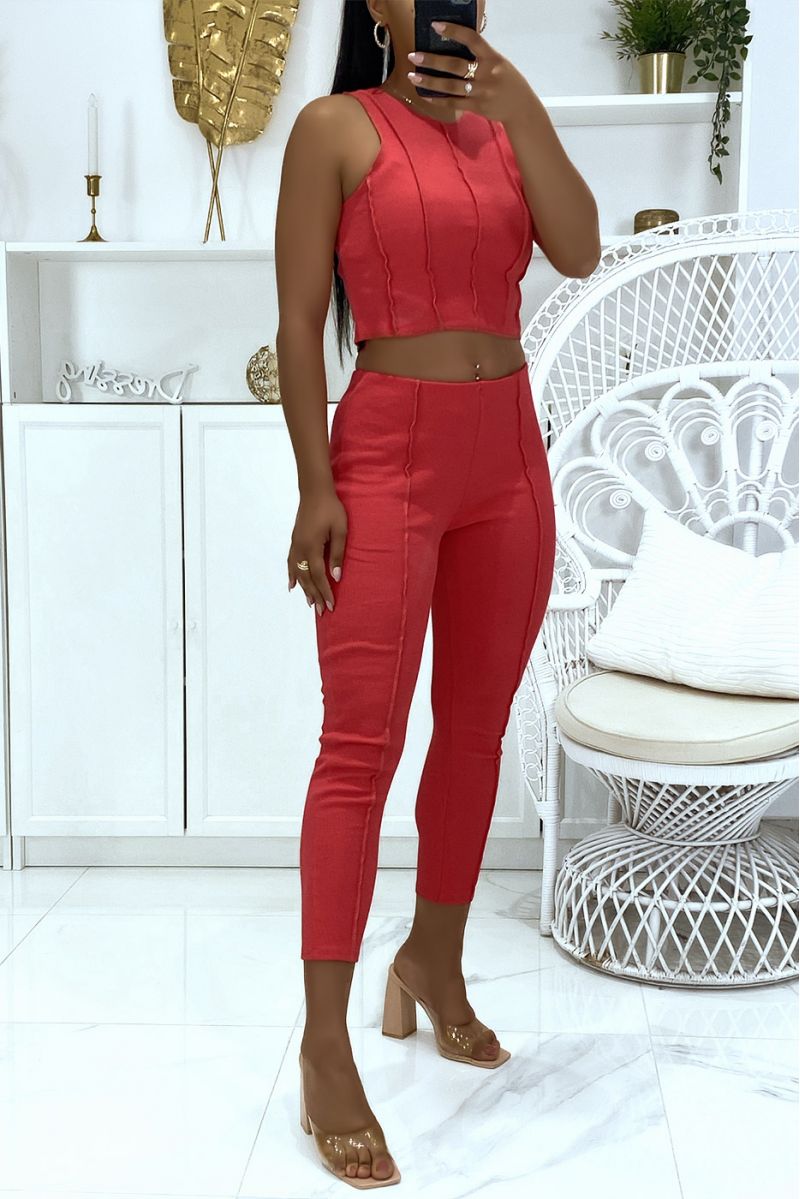 Coral top and pants set with pleats in ribbed material - 2
