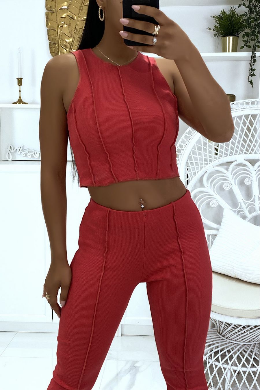 Ensemble top et pantalon corail avec plis en matière côtelé  - 4
