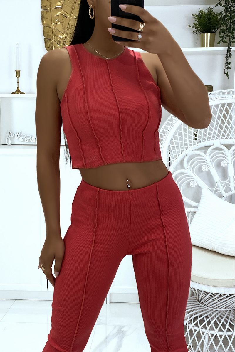 Coral top and pants set with pleats in ribbed material - 4