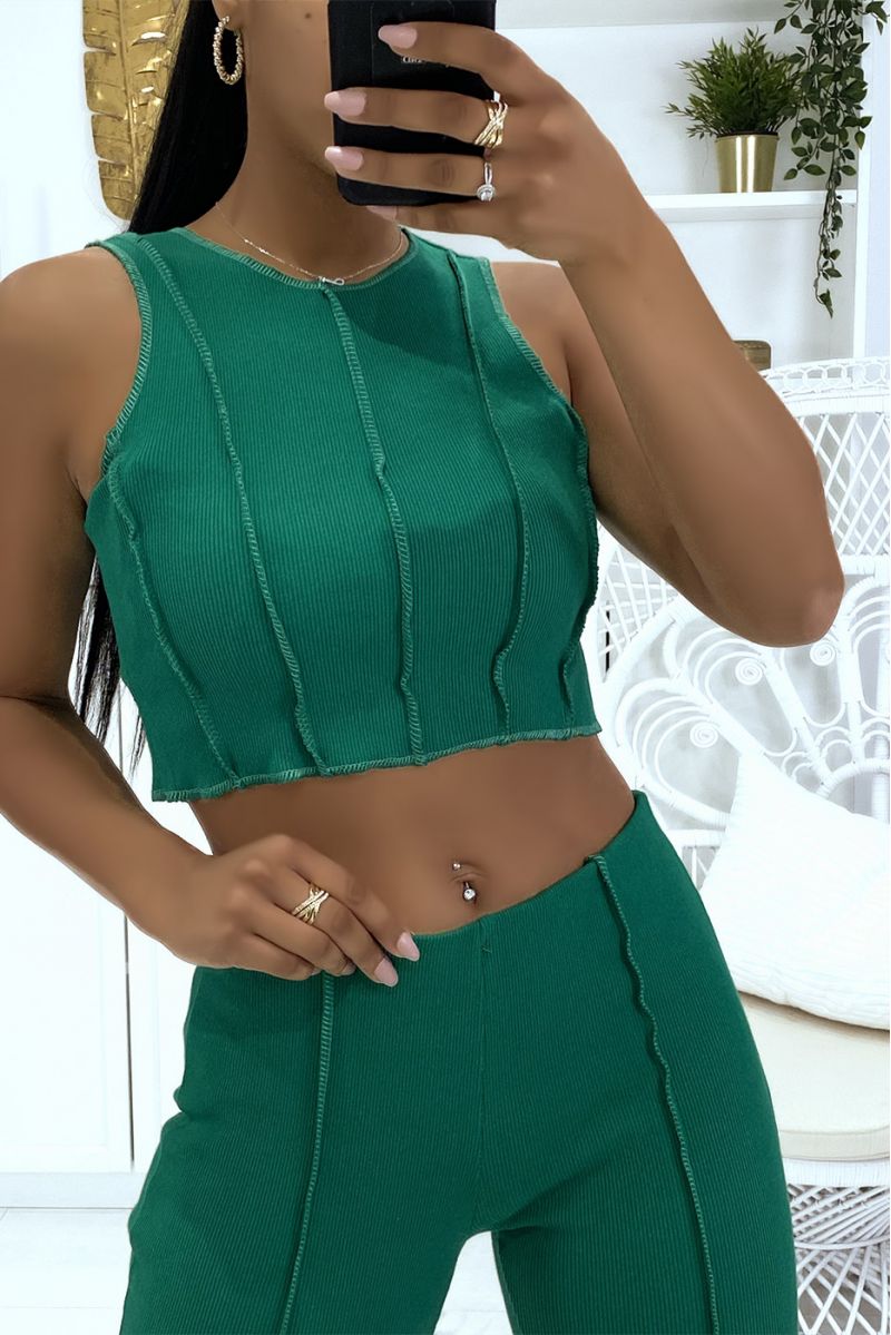 Green top and pants set with pleats in ribbed material - 4