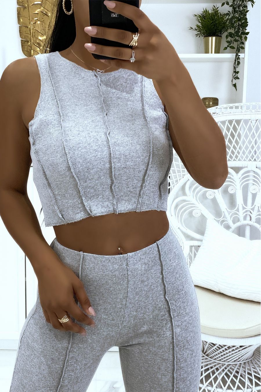 Gray top and pants set with pleats in ribbed material - 4