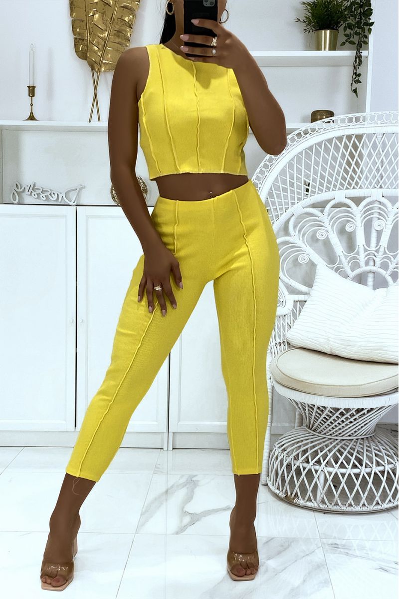 Yellow top and pants set with pleats in ribbed material - 1