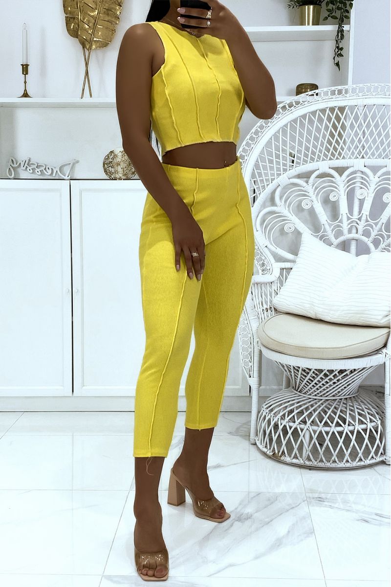 Yellow top and pants set with pleats in ribbed material - 2