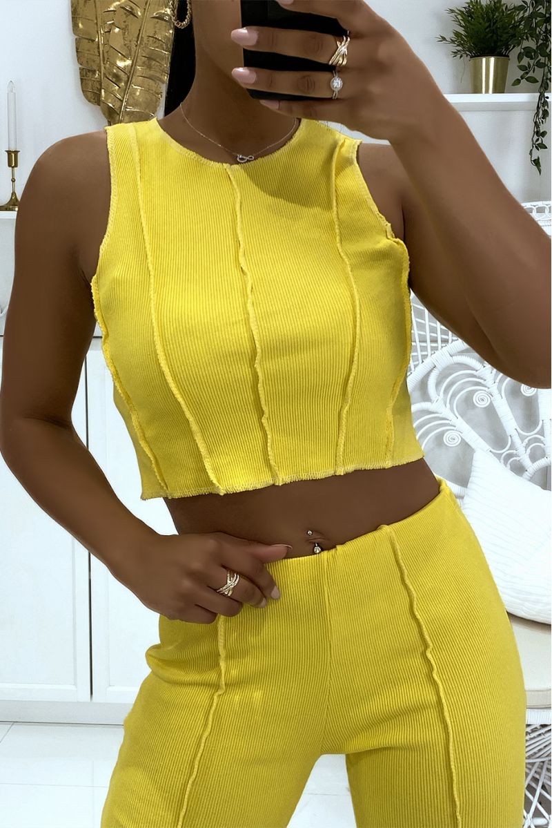 Yellow top and pants set with pleats in ribbed material - 4
