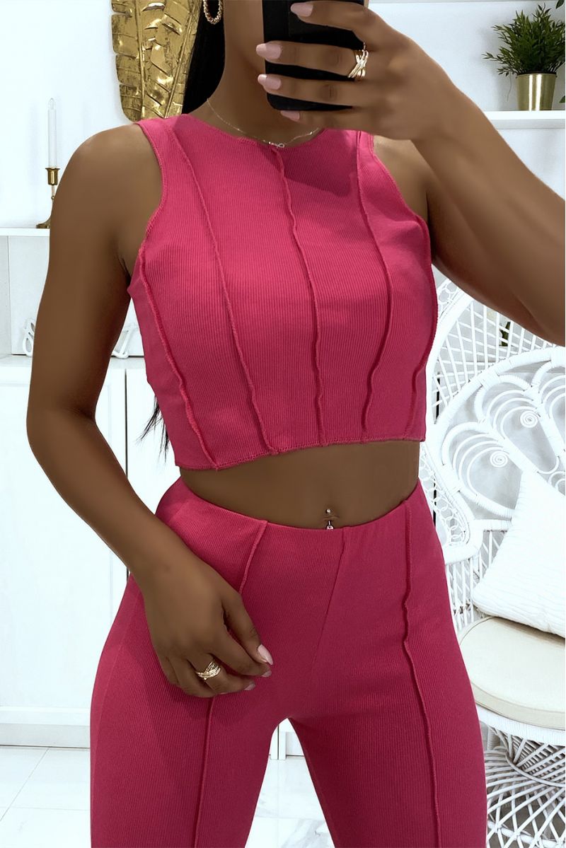 Fuchsia top and pants set with pleats in ribbed material - 5