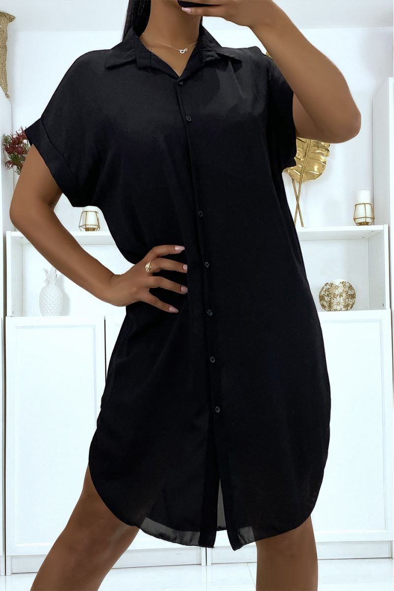 Long black shirt in falling crepe material with slit - 4