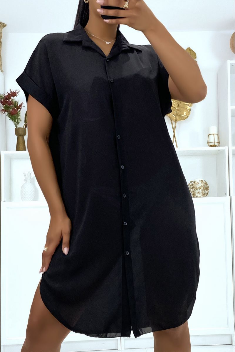 Long black shirt in falling crepe material with slit - 5