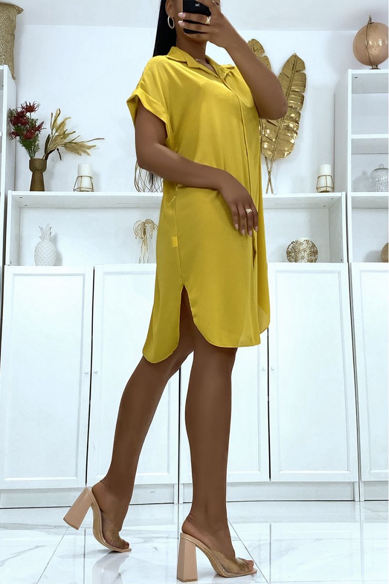 Long mustard shirt in falling crepe material with slit - 2