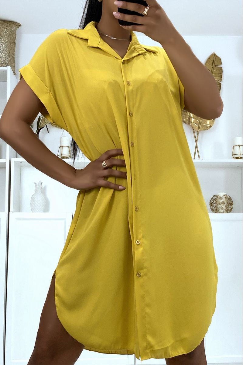 Long mustard shirt in falling crepe material with slit - 4