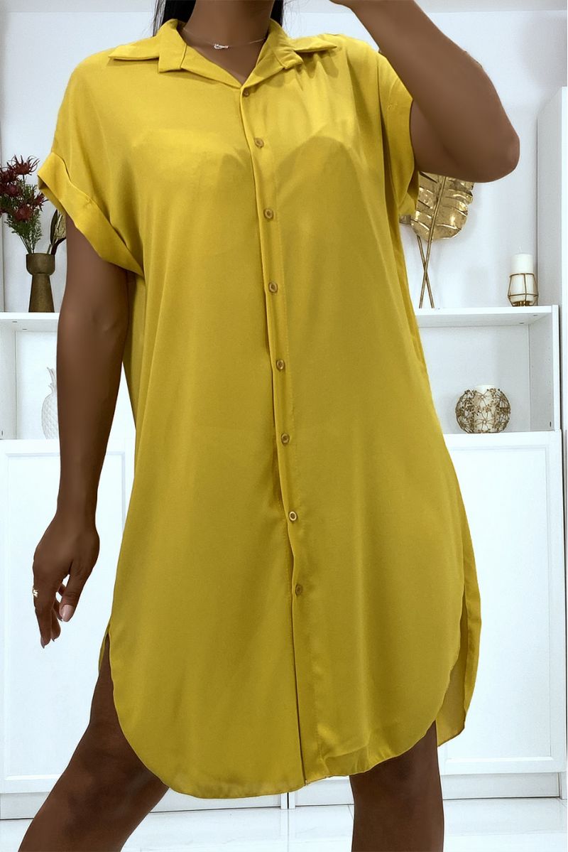 Long mustard shirt in falling crepe material with slit - 5